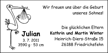 Babyanzeige von Julian  von Nordwest-Zeitung