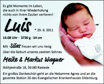 Babyanzeige von Luis Wagner von Nordwest-Zeitung