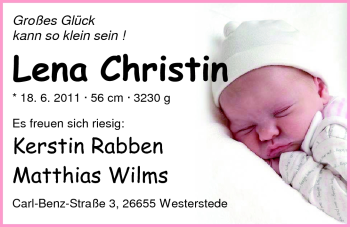 Babyanzeige von Lena Christin  von Nordwest-Zeitung