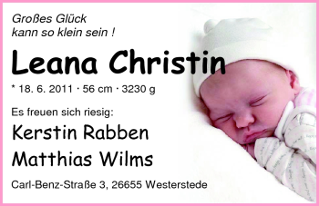 Babyanzeige von Leana  von Nordwest-Zeitung