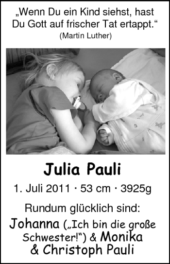 Babyanzeige von Julia Pauli von Nordwest-Zeitung