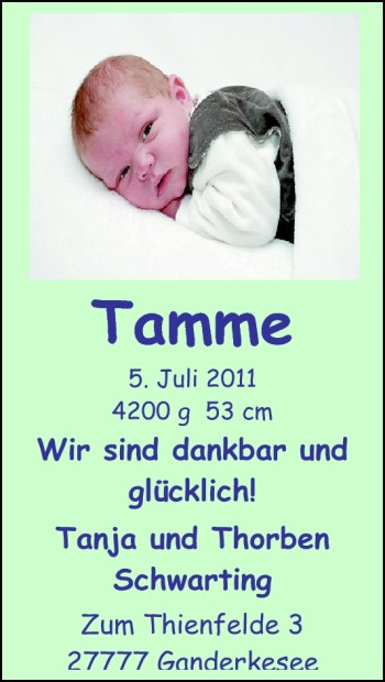 Babyanzeige von Tamme Scharting von Nordwest-Zeitung