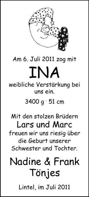 Babyanzeige von Ina Tönjes von Nordwest-Zeitung