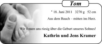 Babyanzeige von Tom Kramer von Nordwest-Zeitung