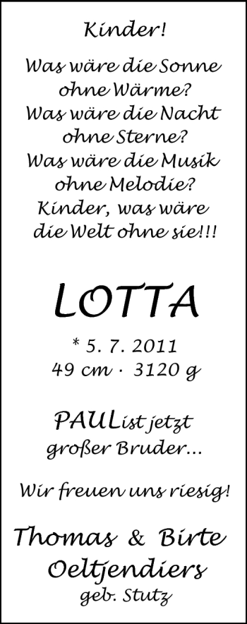 Babyanzeige von Lotta  von Nordwest-Zeitung
