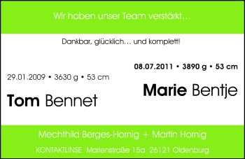 Babyanzeige von Marie Bentje und Tom Bennet  von Nordwest-Zeitung