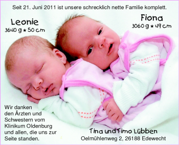 Babyanzeige von Leonie und Fiona Lübben von Nordwest-Zeitung