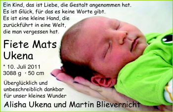 Babyanzeige von Fiete Mats Ukena von Nordwest-Zeitung