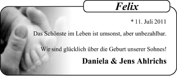 Babyanzeige von Felix  von Nordwest-Zeitung