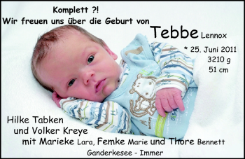 Babyanzeige von Tebbe Lennox  von Nordwest-Zeitung
