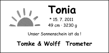 Babyanzeige von Tonia  von Nordwest-Zeitung