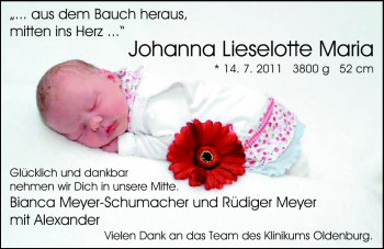 Babyanzeige von Johanna Lieselotte Maria Meyer von Nordwest-Zeitung