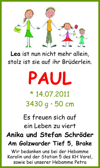 Babyanzeige von Paul Schröder von Nordwest-Zeitung
