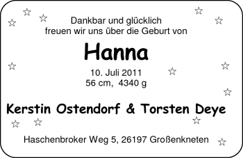 Babyanzeige von Hanna  von Nordwest-Zeitung