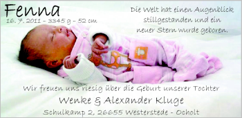 Babyanzeige von Fenna Kluge von Nordwest-Zeitung