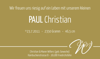 Babyanzeige von Paul Christian  von Nordwest-Zeitung