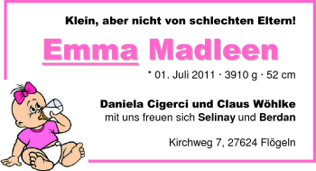 Babyanzeige von Emma Madleen  von Nordwest-Zeitung