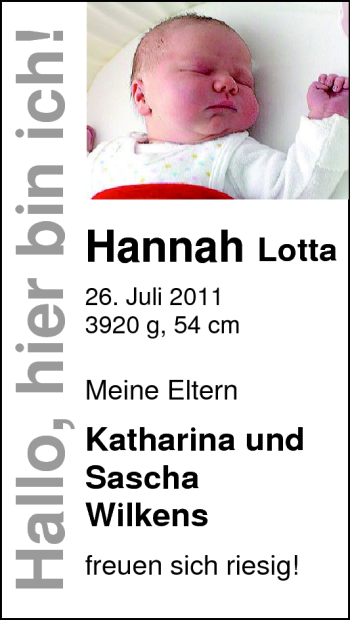 Babyanzeige von Hanna Lotta Wilkens von Nordwest-Zeitung