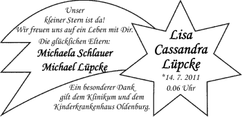 Babyanzeige von Lisa Cassandra  von Nordwest-Zeitung