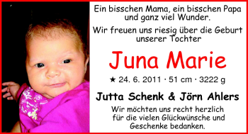 Babyanzeige von Juna Marie Ahlers von Nordwest-Zeitung