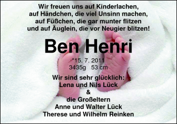 Babyanzeige von Ben Henri  von Nordwest-Zeitung