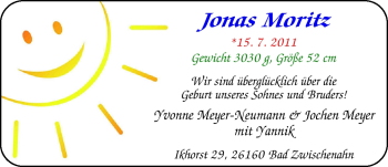 Babyanzeige von Jonas Moritz  von Nordwest-Zeitung