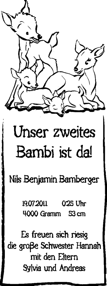 Babyanzeige von Nils Benjamin Bamberger von Nordwest-Zeitung
