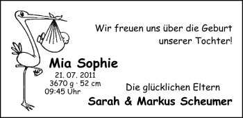 Babyanzeige von Mia Sophie Scheumer von Nordwest-Zeitung