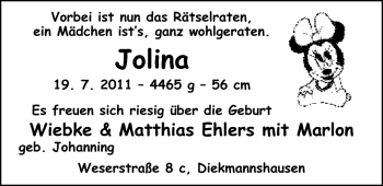Babyanzeige von Jolina Ehlers von Nordwest-Zeitung