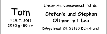 Babyanzeige von Tom Oltmer von Nordwest-Zeitung