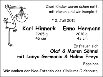 Babyanzeige von Karl Hinnerk, Enno Hermann  von Nordwest-Zeitung