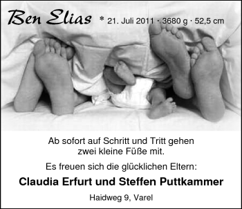 Babyanzeige von Ben Elias  von Nordwest-Zeitung