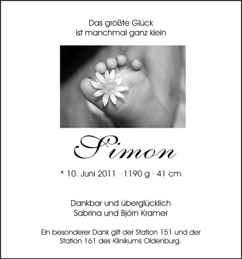 Babyanzeige von Simon Kramer von Nordwest-Zeitung
