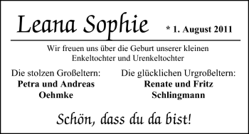 Babyanzeige von Leana Sophie  von Nordwest-Zeitung