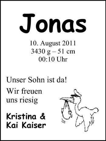 Babyanzeige von Jonas  von Nordwest-Zeitung
