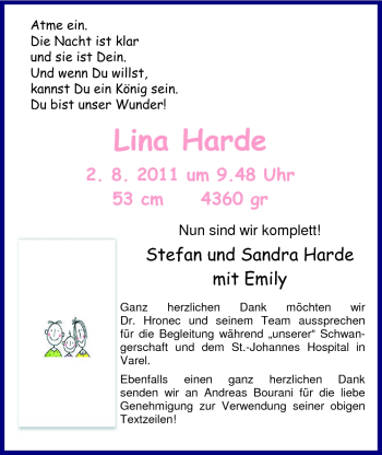 Babyanzeige von Lina Harde von Nordwest-Zeitung