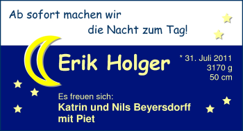 Babyanzeige von Erik Beyersdorff von Nordwest-Zeitung