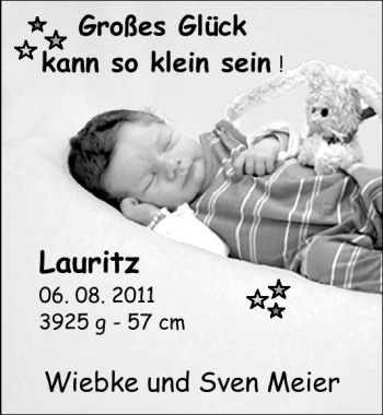 Babyanzeige von Lauritz Meier von Nordwest-Zeitung