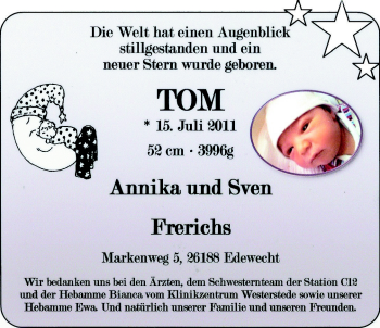 Babyanzeige von Tom Frerichs von Nordwest-Zeitung