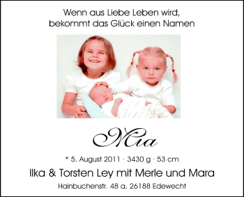 Babyanzeige von Mia  von Nordwest-Zeitung