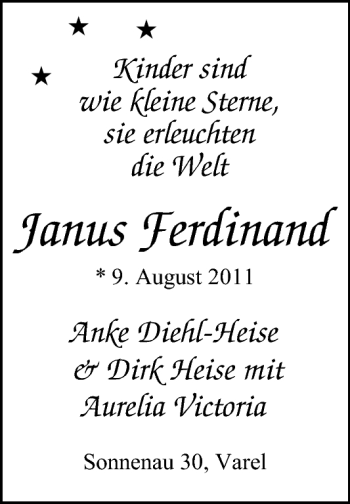 Babyanzeige von Janus Ferdinand  von Nordwest-Zeitung