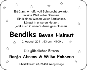 Babyanzeige von Bendiks Beven Helmut  von Nordwest-Zeitung
