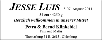 Babyanzeige von Jesse Luis Klinkebiel von Nordwest-Zeitung