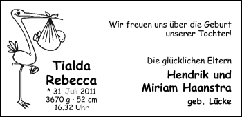 Babyanzeige von Tialda Rebecca Haanstra von Nordwest-Zeitung