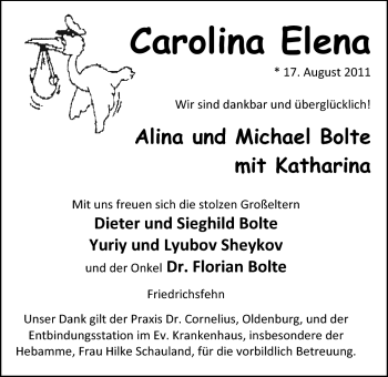 Babyanzeige von Carolina Elena Bolte von Nordwest-Zeitung