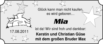 Babyanzeige von Mia Güse von Nordwest-Zeitung
