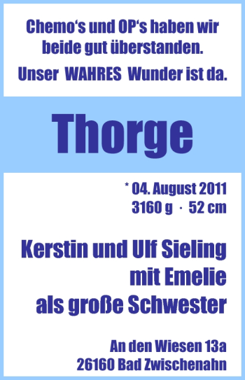 Babyanzeige von Thorge  von Nordwest-Zeitung