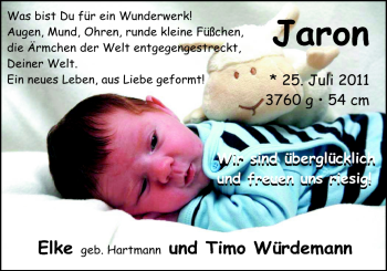Babyanzeige von Jaron Würdemann von Nordwest-Zeitung
