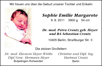 Babyanzeige von Sophie Emilie Margarete Creutz von Nordwest-Zeitung