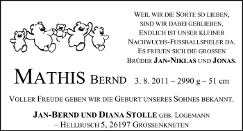 Babyanzeige von Mathis Stolle von Nordwest-Zeitung